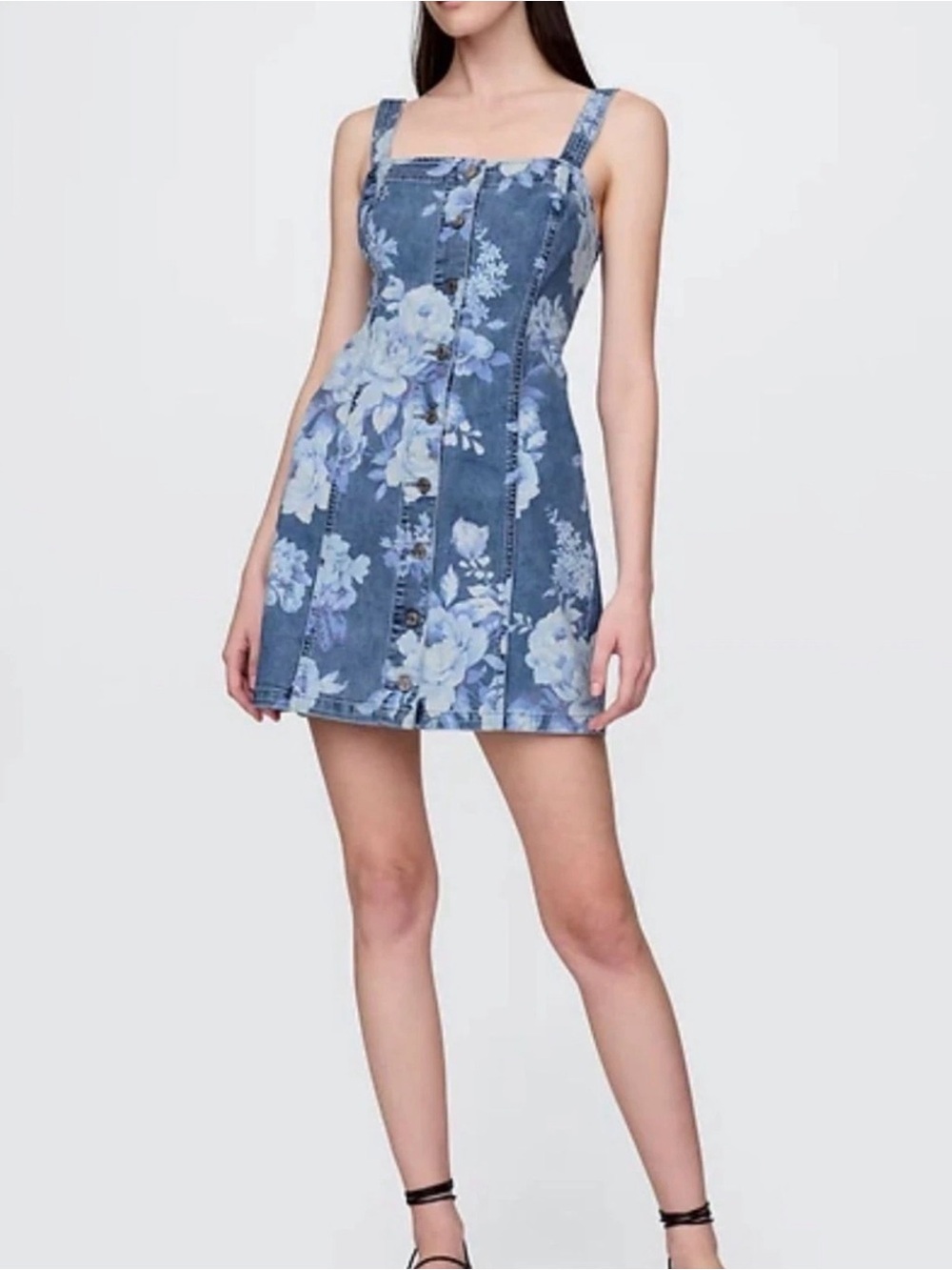 Gap Floral Button-Front Denim Dress in Blue